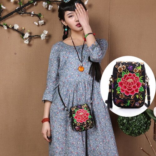 云南民族风布艺绣花6寸大屏手机包复古翻盖单肩斜挎包优雅帆布刺绣手提包迷你大容量小方包女包小个子手腕包 绝色牡丹