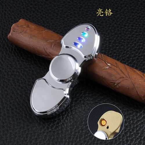 创意点烟器指尖陀螺打火机金属USB充电旋转打火机金属充电个性闪光电子点烟器 亮铬色