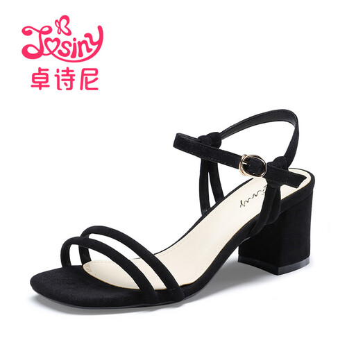 卓诗尼凉鞋女2019夏季新品粗跟通勤高跟一字扣搭扣方头女鞋J24860712 黑色 36