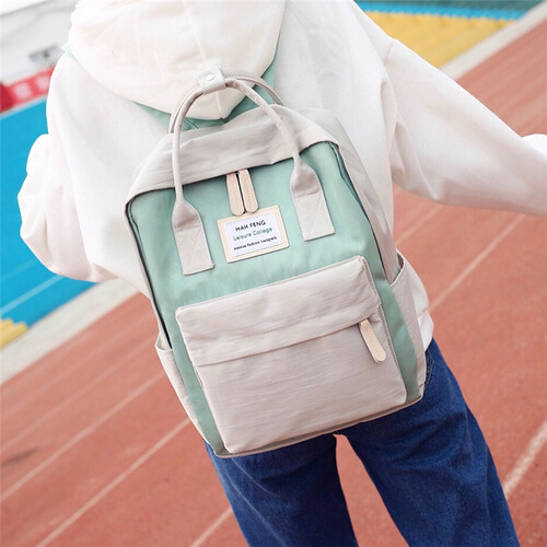 2019原宿百搭撞色帆布双肩包小清新女日韩版学院风书包学生旅行户外背包 绿白撞色
