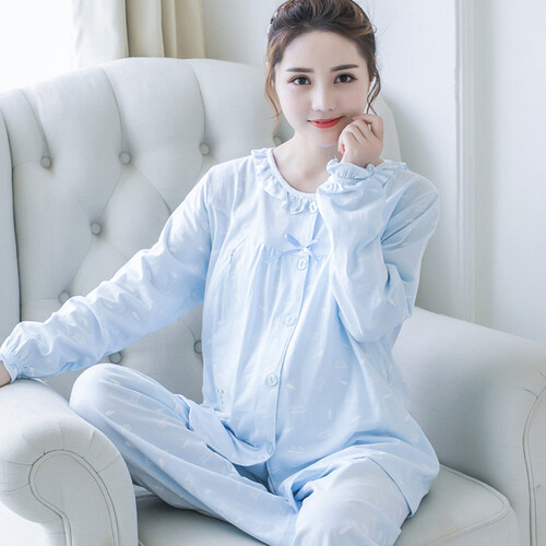 七采雏菊纯棉月子服春秋新款孕妇睡衣套装 长袖开衫哺乳睡衣韩版产后秋冬天喂奶衣家居服 923蓝色纯棉孕妇睡衣 XXL码