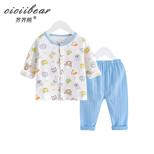 齐齐熊（ciciibear）夏季新款婴儿衣服男女宝宝纱布纯棉套装卡通动物印花空调家居服 QQ4342蓝色 100cm(36M建议身高92-98cm)
