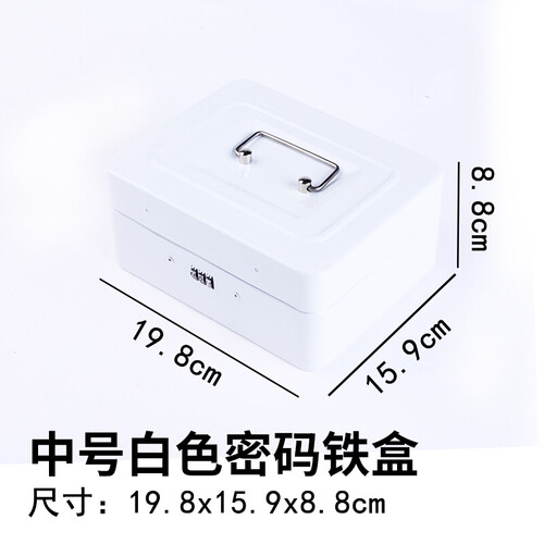 随想曲 铁皮密码锁钱盒子带锁的收纳盒储物小保险箱大号迷你化妆品首饰盒 中号白色密码铁盒