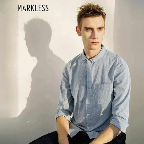 MARKLESS 长袖衬衫男新品韩版修身条纹衬衣休闲纯棉条纹上衣CSA7538M 蓝白条纹 175/L