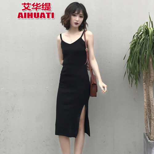 艾华缇 2019新款针织连衣裙百搭中长款开叉吊带背心打底裙女 D9816 黑色 均码
