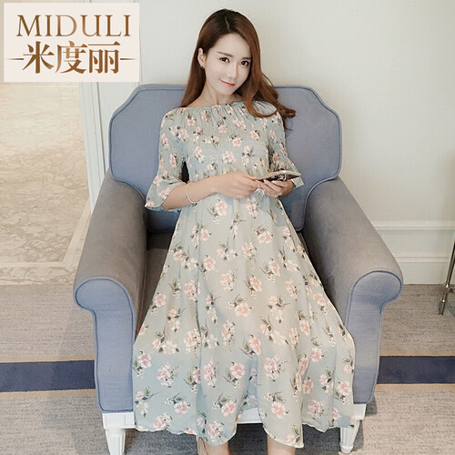 米度丽 【送安全裤】孕妇装春装孕妇连衣裙韩版时尚短袖中长款修身长裙雪纺孕妇裙 蓝色 均码