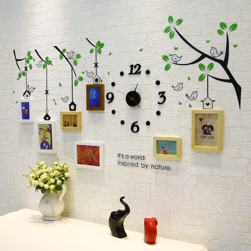 维佳 小鸟钟表相框墙 挂墙创意组合实木照片墙 卧室儿童房 餐厅相片墙 三色混搭+卡通画芯 赠送小鸟墙贴+黑色钟表
