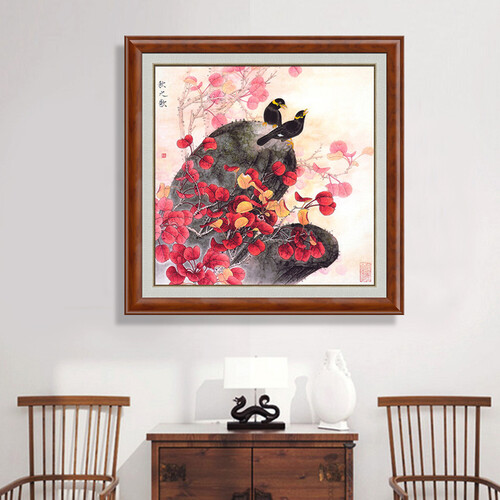 轩色 客厅装饰画新中式背景墙画卧室书房挂画三联画国画花鸟画玄关走廊过道壁画有框画 B款 60X60CM