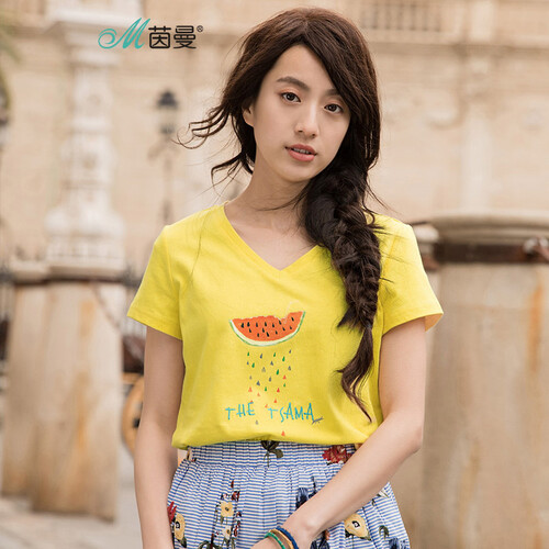 茵曼（INMAN）夏装文艺范小清新印花V领短袖T恤女 18820|23537 黄色 L