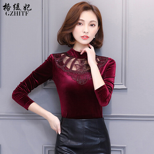 格缇妃加绒打底衫女长袖秋冬新款韩版金丝绒蕾丝上衣服加厚保暖百搭小衫 6738酒红 L
