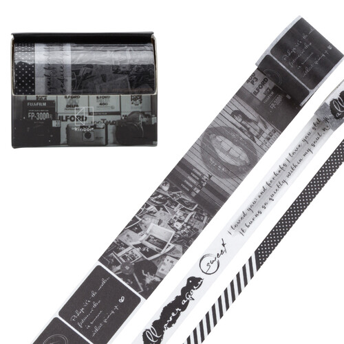 kinbor 3卷装手帐和纸胶带(7+13+30)mm*3m手账本贴纸DIY装饰胶布 黑白映画DTB64256