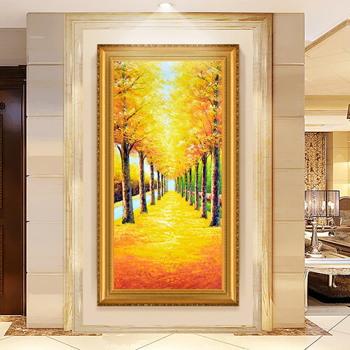 福艺良品 欧式纯手绘玄关装饰画油画客厅走廊过道竖版发财树黄金大道挂画 实木外框 连框80*160
