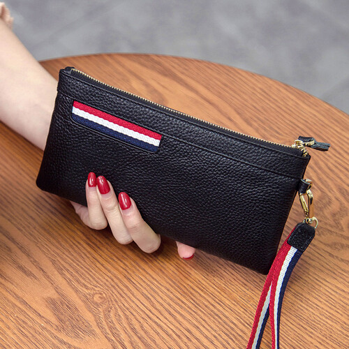 歌洛兹德2019新款小手包真薄款手拿包女士钱包头层牛皮长款拉链手机包女包零钱包钱夹 黑色