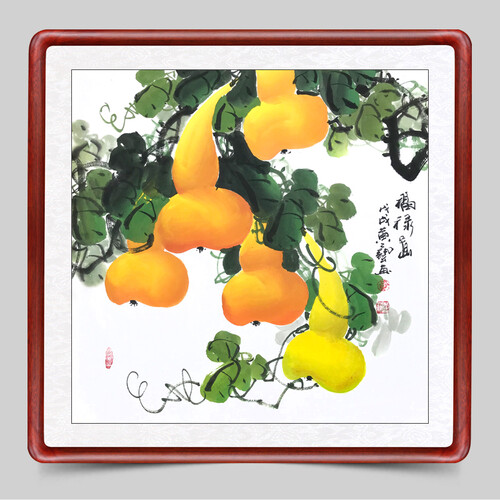 福禄满堂葫芦柿子画纯手绘国画连年有鱼客厅装饰画中式玄关挂画餐厅招财字画花鸟花卉三联幅沙发背景墙水墨画 福禄图 65*65厘米带框