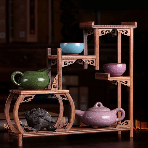 星杰智尚 小博古架摆件 中式红木鸡翅木实木仿古架紫砂壶茶壶茶具展示架古董架子工艺品摆件客厅卧室居家 半圆步步高01