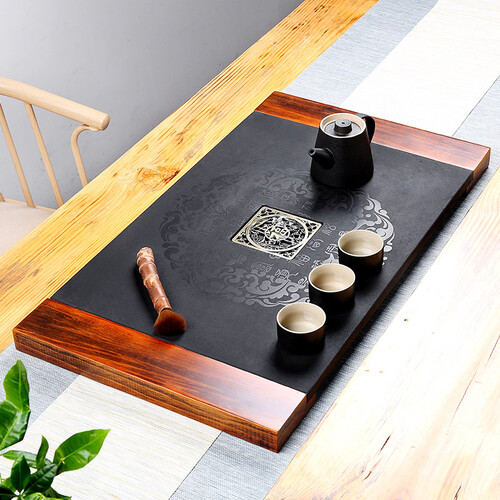 领艺 乌金石茶盘 茶台 茶托盘 功夫茶盘 实木框 百福
