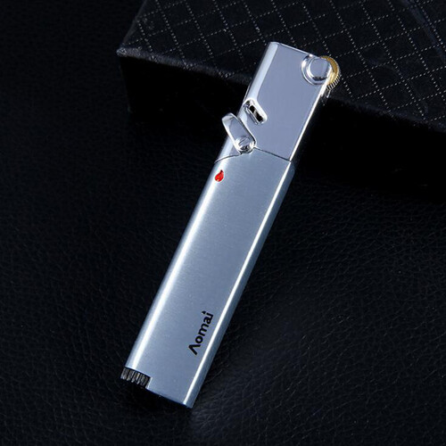 个性创意澳麦直冲防风充气打火机锌合金定火打火机固定火柱型蓝色火焰小巧纤细打火机全套配件 时尚银