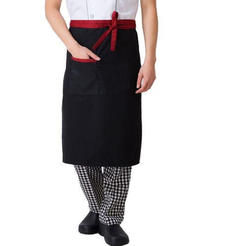衣品永呈 厨师服围裙半身 酒店男女服务员围裙半截厨师工作服围裙餐厅饭店厨房围裙 黑色红带围裙 均码
