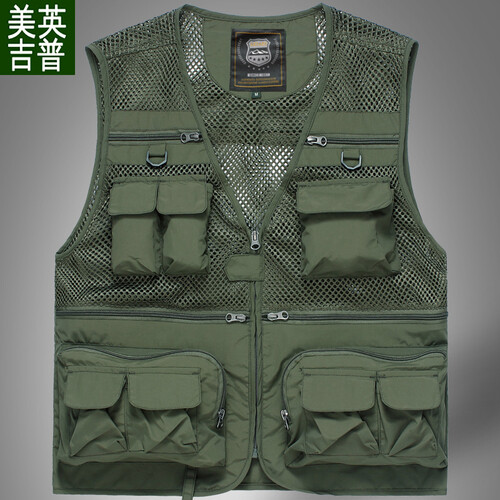 男装户外夏季网眼摄影马甲导演多口袋薄钓鱼马甲背心坎肩登山薄款马夹 7868军绿 L