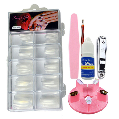 精沐 100片美甲工具套装假指甲 美甲贴片用品甲片美甲可穿戴成品无痕全贴指甲贴片透明指甲贴片美甲套装 练习甲片套装(送解胶剂)