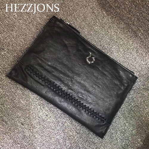 赫泽琼斯HEZZJONS新品真皮手拿包进口植鞣牛皮手包青年商务休闲潮流手腕包男神奢侈品手机包 黑色+黑色线