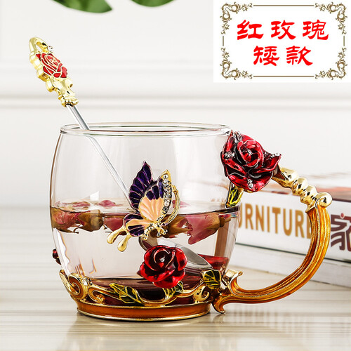 生日礼物珐琅彩玻璃水杯花茶杯子泡茶杯情侣创意实用时尚玫瑰花水晶对杯520送女友女生老婆圣诞节礼物 红玫瑰矮款+珐琅勺+礼盒