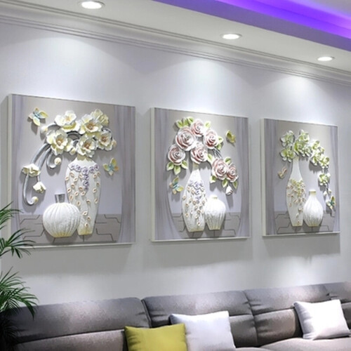 客厅装饰画3d立体浮雕画树脂挂画三联画沙发背景墙装饰画欧式花卉立体无框画 花开富贵B款-60*60