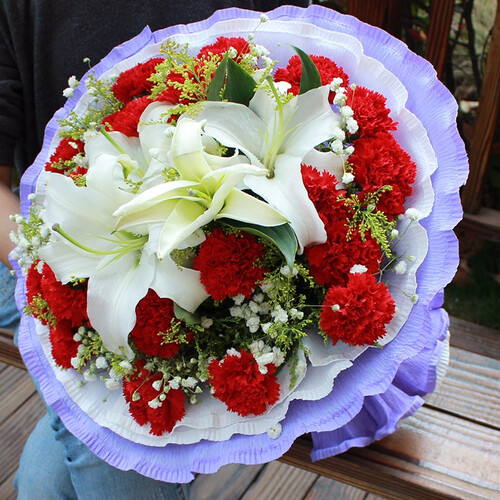 馨冠鲜花速递香水百合花康乃馨红玫瑰花束生日礼物全国同城配送北京上海广州重庆太原武汉天津沈阳郑州石家庄 19朵红康花束+6朵百合