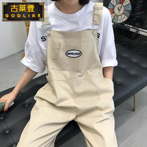 韩版夏季学院风复古宽松字母无袖肩带直筒裤学生工装背带裤休闲裤 卡其色 均码