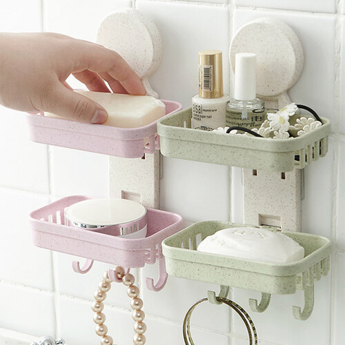双层肥皂盒卫生间香皂盒浴室置物架吸盘肥皂架简约沥水可爱创意香皂架免打孔无痕贴卫生间挂架带挂钩 肥皂架带挂钩（颜色随机）