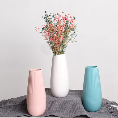 凉笙 简约现代花瓶摆件玫瑰陶瓷花瓶客厅餐桌茶几装饰品工艺品仿真花假花干花水培花器摆设 新房家居摆件 竖条花瓶(白色)