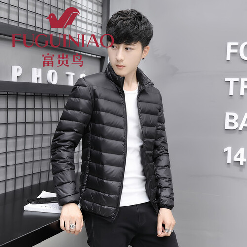 富贵鸟反季清仓轻薄款羽绒服男女情侣短款羽绒衣2019新品男士立领韩版修身连帽学生大码青年装保暖外套 黑色 XL