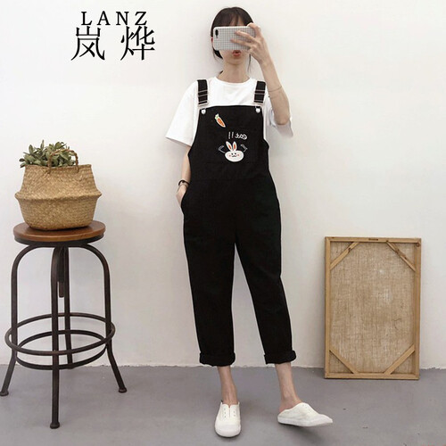 岚烨春夏小清新卡通刺绣学生背带裤女九分裤韩版宽松工装可爱吊带阔腿连体裤夏 黑色 M