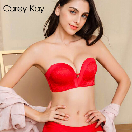 法国Carey Kay无肩带隐形内衣无钢圈聚拢文胸小胸加厚一字肩胸贴加厚抹胸胸罩套装女 红色 85B=38B(单品文胸)