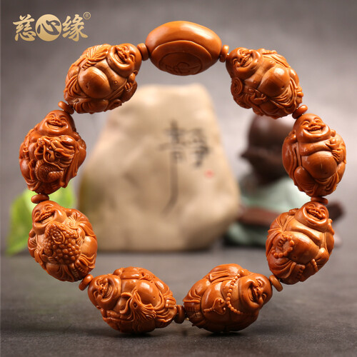 慈心缘橄榄核手串 手工1.8大籽瑞兽弥勒精品核雕文玩把件 八大弥勒南工大师手工雕刻手链 5年老油核 18*24mm手串款
