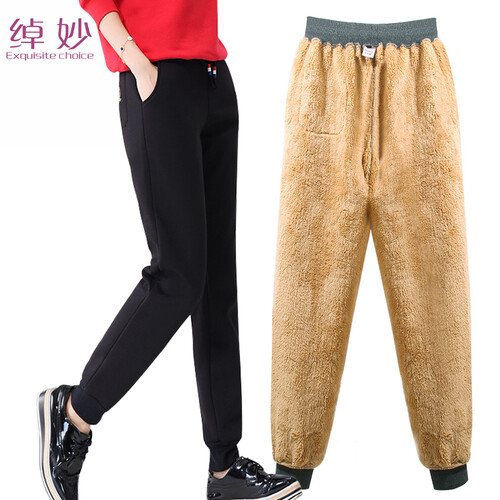 绰妙女休闲裤冬加绒运动裤羊羔绒小脚女士秋卫裤棉裤显瘦哈伦裤大码女裤 黑色（束脚485加绒） 3XL(140-155斤)