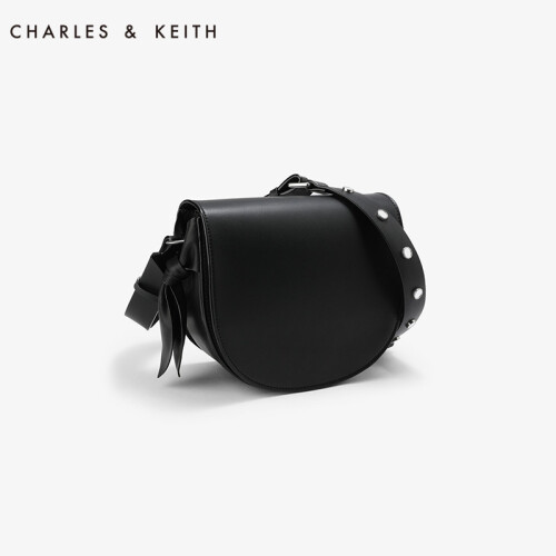 CHARLES&KEITH 女包 CK2-20270164绳结装饰宽肩带马鞍包 黑色 M