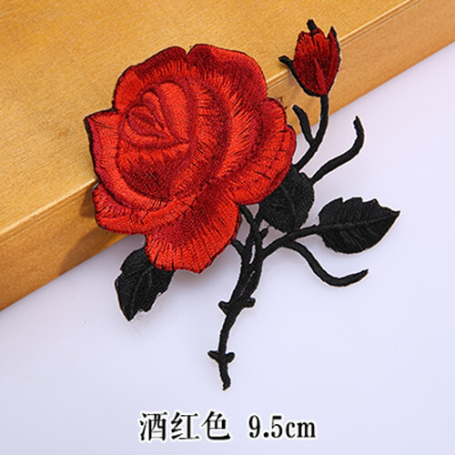 万羽 玫瑰花朵布贴熨烫贴 衣服补丁贴花 服装绣花贴片 刺绣补贴 酒红色