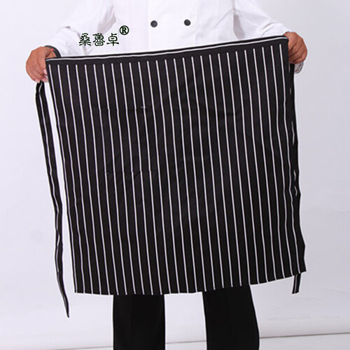 桑鲁卓 厨师围裙 春秋厨师服专用围裙 工作围裙带兜半身长款围腰 半截酒店餐饮工作服围裙男女 黑白条纹 通号