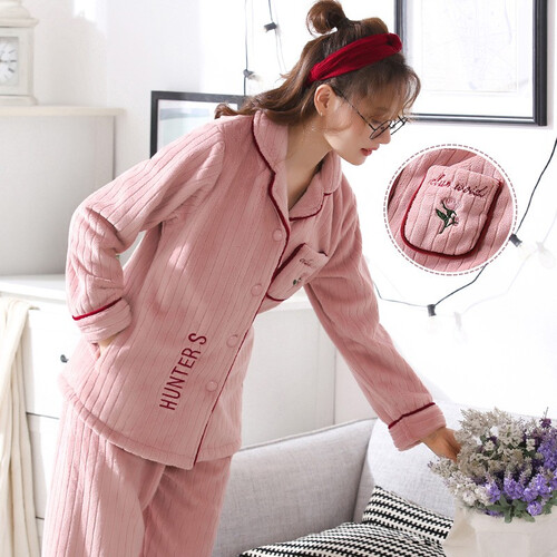 优黛悦 秋冬季珊瑚绒睡衣女士加厚加绒保暖长袖法兰绒家居服套装甜美可爱大码宽松韩版秋季青年可外穿居家服 R5056女豆沙 L码156-165cm 100-120斤