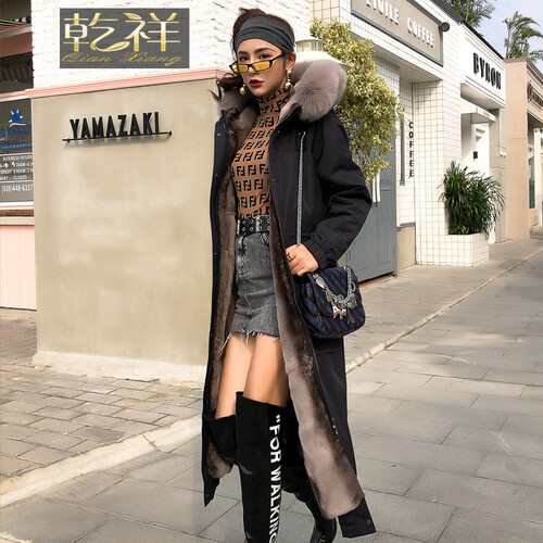 乾祥 2019冬季新款皮草女外套中长款獭兔毛内胆狐狸毛领派克服女大衣连帽皮毛一体女装 1801黑色 XL