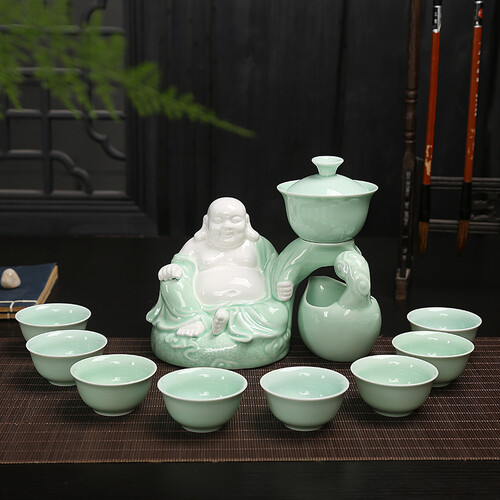 澳爵斯 复古石磨半自动茶具套装功夫茶茶具杯 粗陶创意懒人整套泡茶器套 青瓷弥勒佛茶具套装泡沫包装