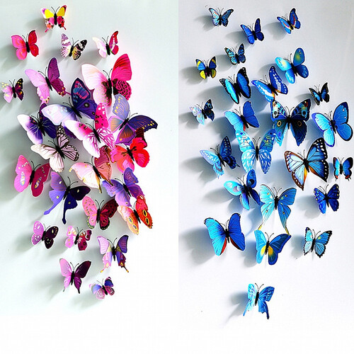 【24只装】3D立体蝴蝶墙贴 装饰贴立体墙纸 自粘墙纸墙贴画 防水冰箱贴 蝴蝶墙贴色系蓝色1组+玫粉色1组
