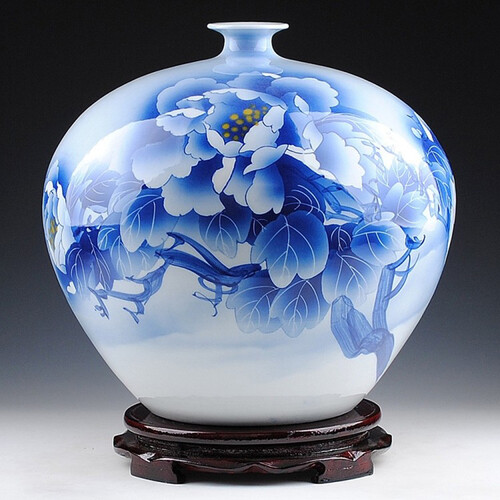 景德镇陶瓷器 名家吴文瀚手绘青花瓷花瓶石榴瓶 花开富贵 收藏证书