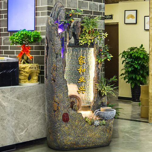 人文家居 落地假山流水喷泉水幕墙景观摆件客厅办公室玄关鱼池盆景装饰招财风水轮公司店铺开业礼品 推荐大号【送绿植】72*42*147CM