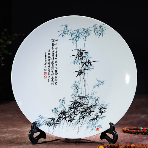 景韵雅成 景德镇陶瓷 新中式水培富贵竹花瓶摆件瓷器  家居客厅插花花瓶装饰品工艺品摆件 竹子瓷盘带无味塑料底座