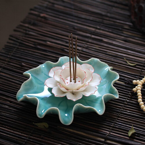 青沉 纯手工陶瓷莲花三孔香盘香插简约陶瓷线香炉点香插香盘香台香座香薰炉点香盘佛具香座卧香盒 青瓷三孔香插