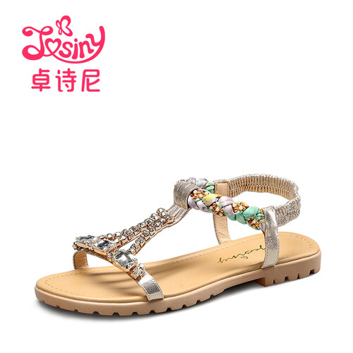卓诗尼凉鞋女2019夏季波西米亚度假沙休闲低平低跟松紧带露趾女鞋 浅金色 36