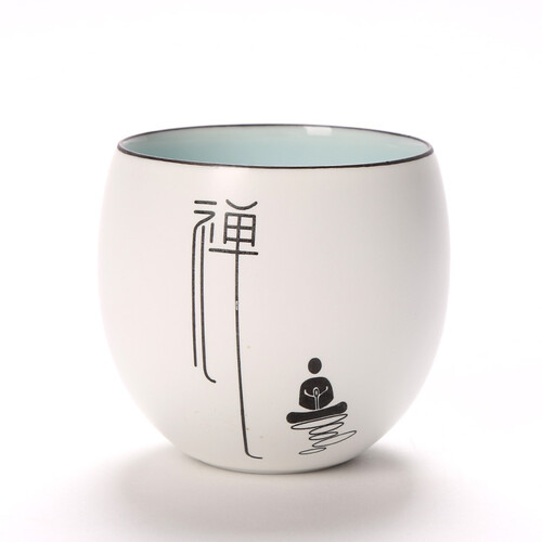 梅兰竹菊 【六字真言】景德镇青花瓷高脚杯功夫茶具白瓷小茶杯品茗杯子陶瓷器茶盏家用 定窑鼓形杯-禅