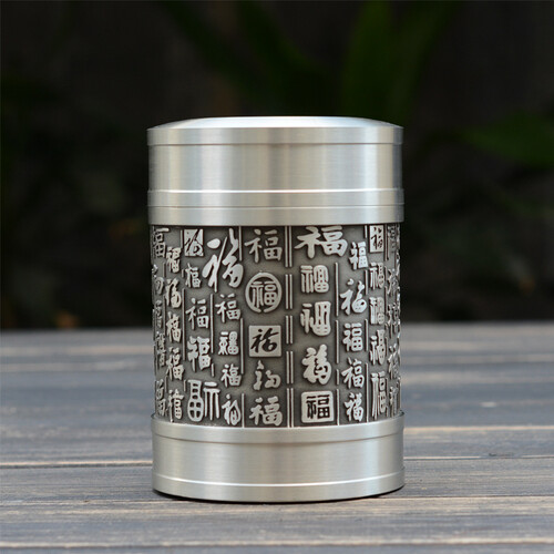 桦细工 锡罐纯锡茶叶罐百福罐 大号金属锡罐锡器茶罐纯锡茶具